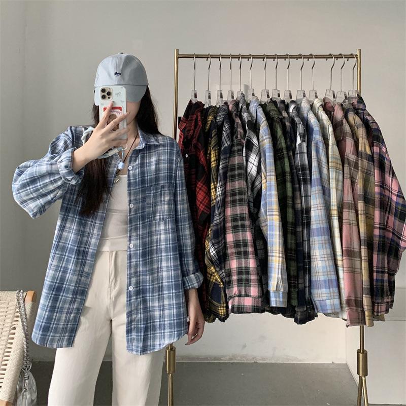 1116 New Spring and Autumn Design Plaid Shirt Jacket Women's New Loose Casual Meat Cover Medium and Long Shirt