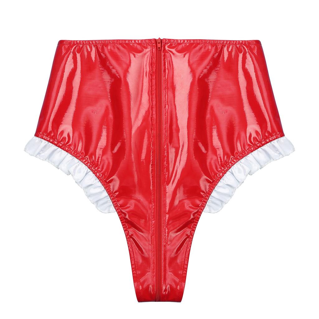 Women Frilly Maid Cosplay Costume Knickers High Waist Lace-up Zipper Crotch Underwear Sexy Briefs Lingerie Nightclub Dance Show