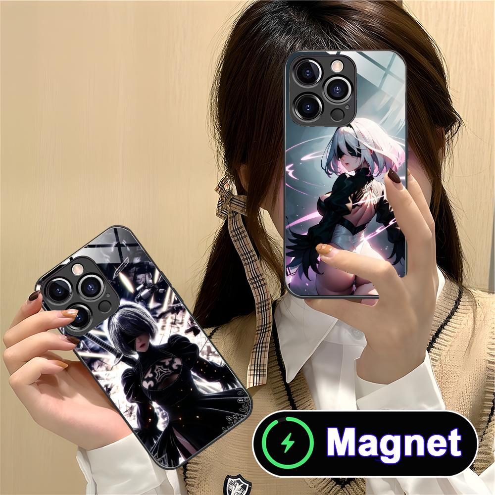 Anime Nier 2B Glass MagSafe Mobile Phone Case for iPhone 17 16 15 14 13 12 11 Air Pro Max Plus Mini Colorful Cover