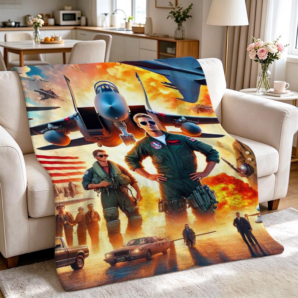 Top Gun Style Fighter Jet Pilot Poster Pattern Theme Flannel Blanket Skinfriendly Warm Throw Blanket For Living Room Office Nap Home Party Decor