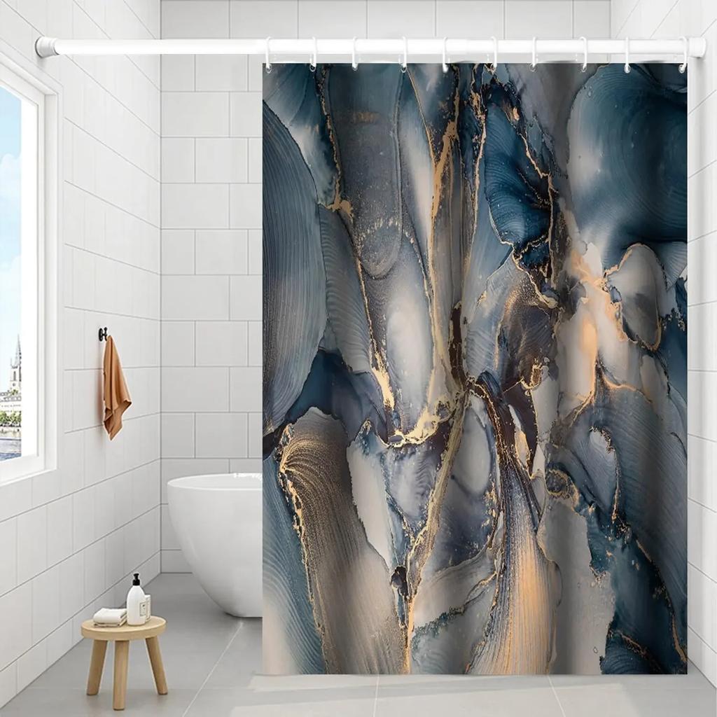 Blue Shower Curtain, Marble Shower Curtain for Bathroom Stall RV Watercolor Abstract Waterproof Fabric Shower Curtain Set