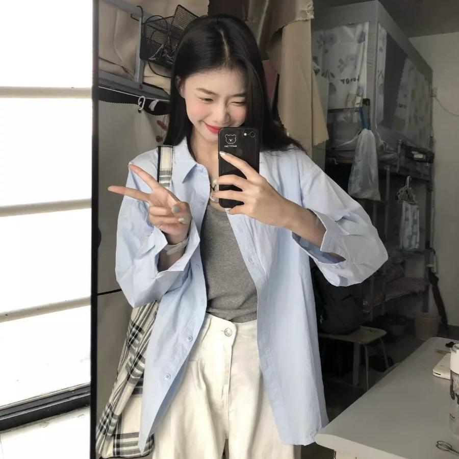 Korean Blue Thin Sun Protection Shirt for Women, Loose Relaxed Casual Top for Spring and Summer, Polo Collar Versatile Long-Sleeve Shirt