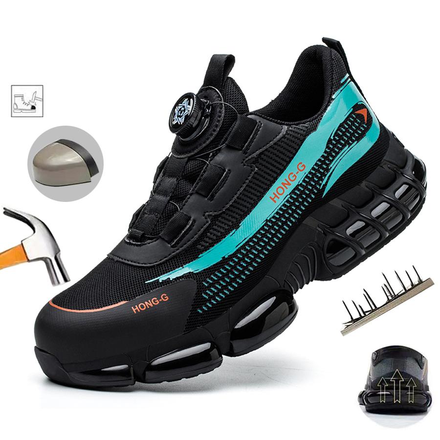 Safety Shoes For Men Steel Toe Anti-Puncture Men's Work Shoes Slip Resistant Reinforced Sole Rotating Button Fashion Sneaker