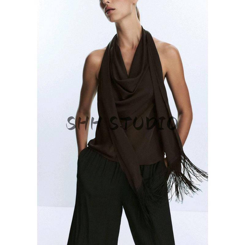Fall Women's Clothing Sexy Draping Neckline Halter Spaghetti Straps Decorated Tassel Silk Satin Texture Tops 1165269