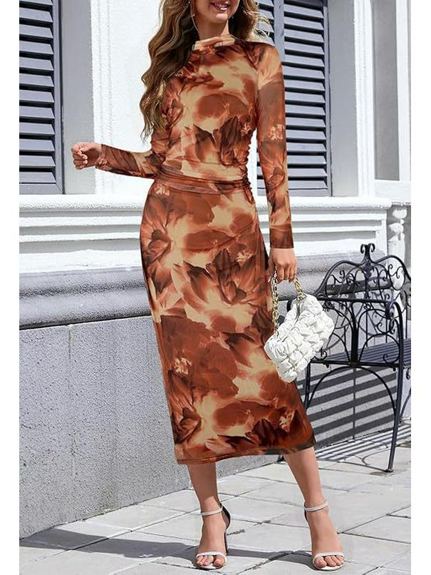 Women's Long-Sleeve Tie-Dye Pleated Cocktail Dress with Stand-Up Collar