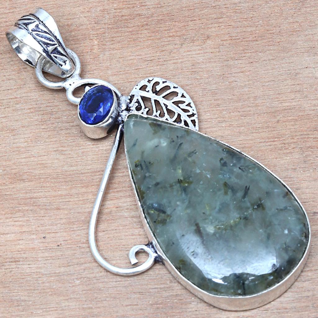Pendant Prehnite Marlene  Swiss Blue Gemstone Silver Jewelry 2.5"
