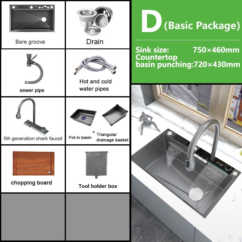 Edelstahl-Wasserfall-Küchenspüle, großes Einzelfach, integriertes Digitaldisplay, Wasserhahn-Set, multifunktionales Waschbecken