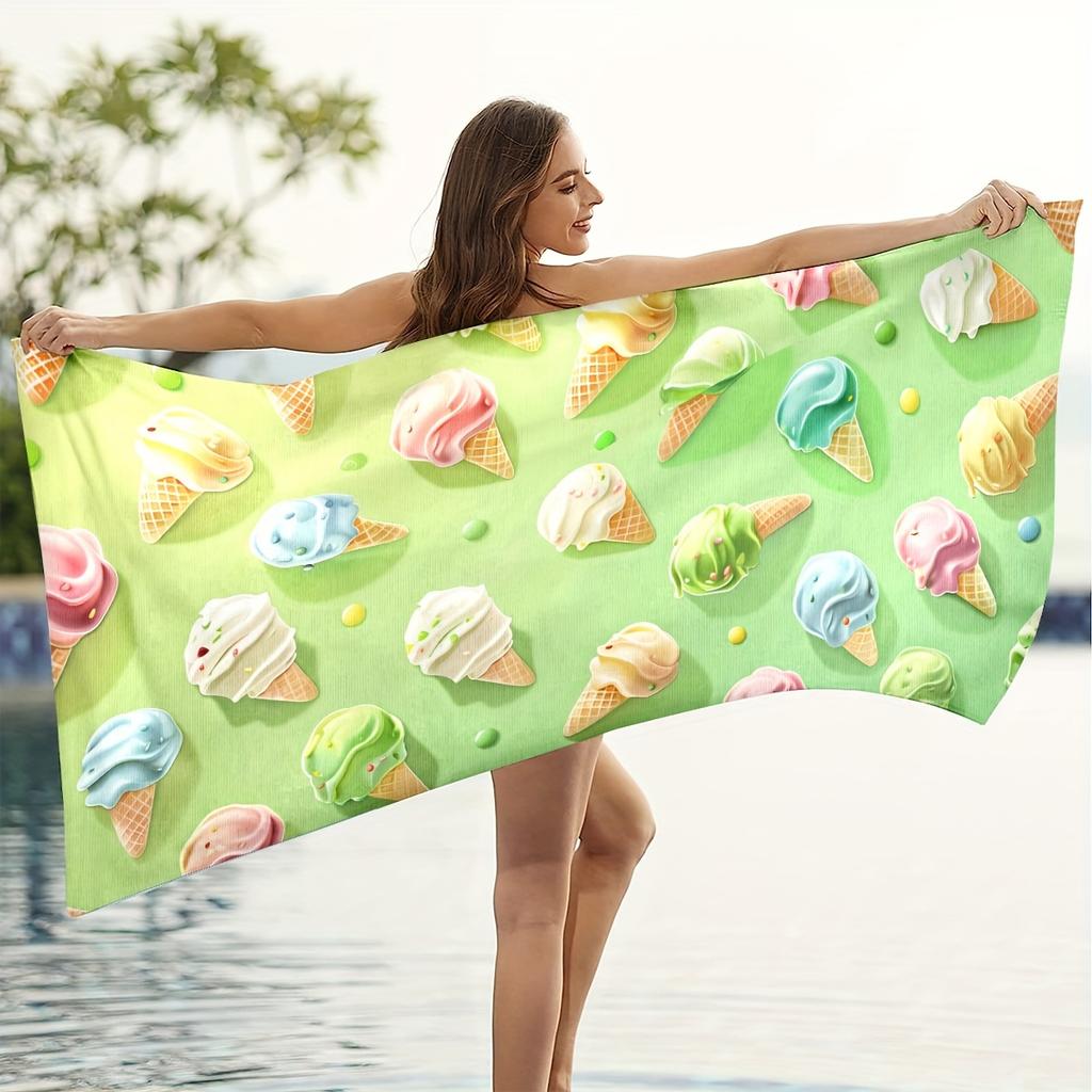 Adorable Dessert Pattern Beach Towel, Colorful Ice Cream Art, Soft Microfiber Towel, Perfect Summer Gift