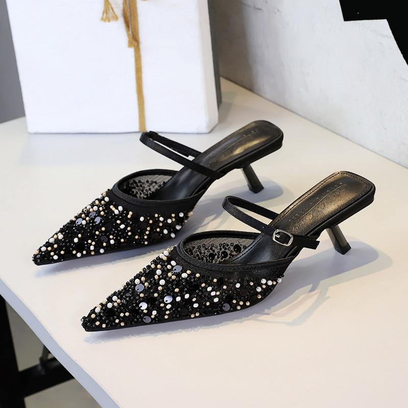 Fashion Fashion Pearls Sequined Rhinestones Women Pumps Summer Air Mesh Thin High Heels Mules Slides Elegant Slingbacks Party Lady Shoes
