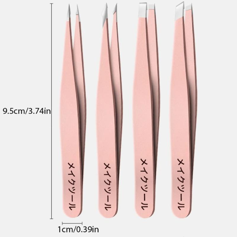 4 piece set of stainless steel tweezers, suitable for eyebrow trimming, hair removal, debris cleaning, and blackhead treatment