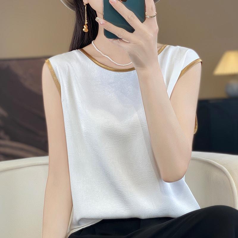 Summer Women's Vest Silk Round Neck Sleeveless Solid Top Vests