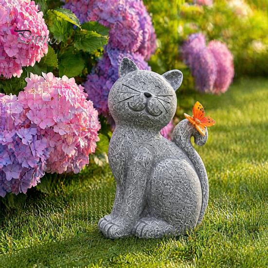 Decorative Sculpture for Balcony Solar Cat Garden Statue, Cute with Butterfly Light, Unique Housewarming Gift Waterproof Resin Animal Statue