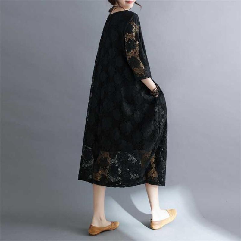 Summer Ethnic Style Lace Vintage Loose Dress Women Print Solid Color Round Neck Patchwork Pocket Long Sleeved Casual Versatile Dresses