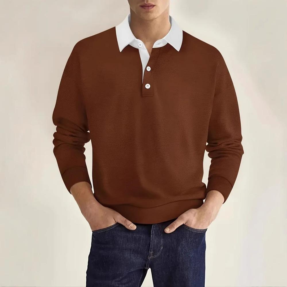 Long Sleeved Lapel Button Men's Casual Top Polo Shirt