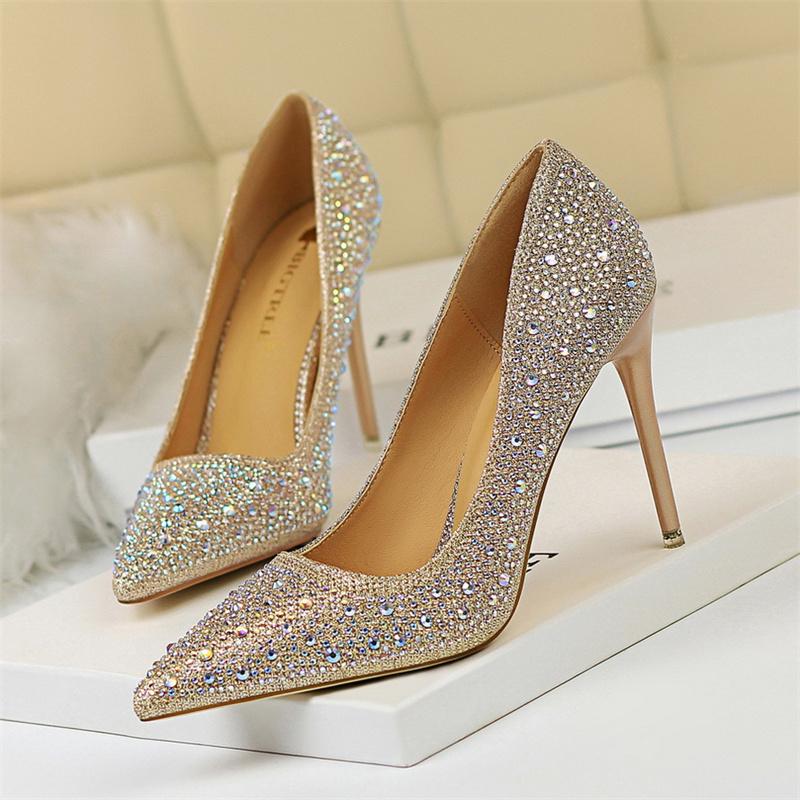 Fashion Shallow Mouth Pointed Color Rhinestone Pumps Fashion Wedding Party Women Sweet Pump Stiletto Thin High Heel Single Shoes