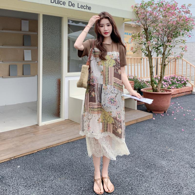 

Дизайнерское платье с коротким рукавом и принтом, женское, новое, в стиле ленивого ветра, с сетчатой вставкой, футболка-юбка XL коричневый