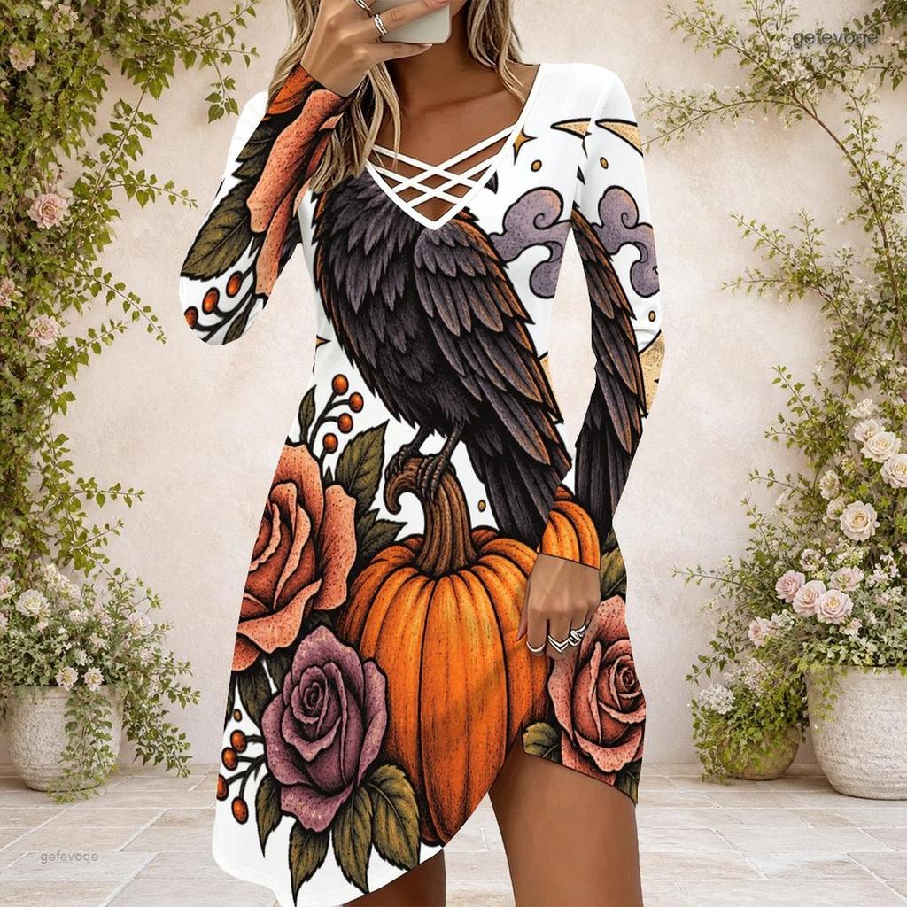 Women Criss Cross V Neck Long Sleeve Fitted Curved Hem Cartoon Bear Pumpkin Printed Dress