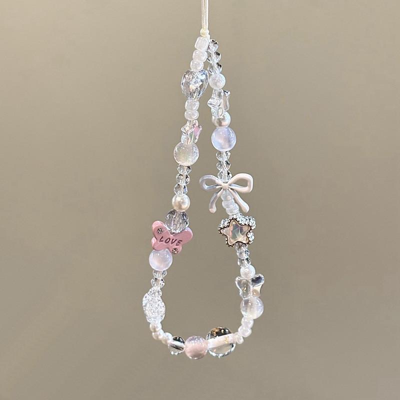 Pvc Pink Butterfly Star Phone Lanyard With Beaded Design For Girls And Kids