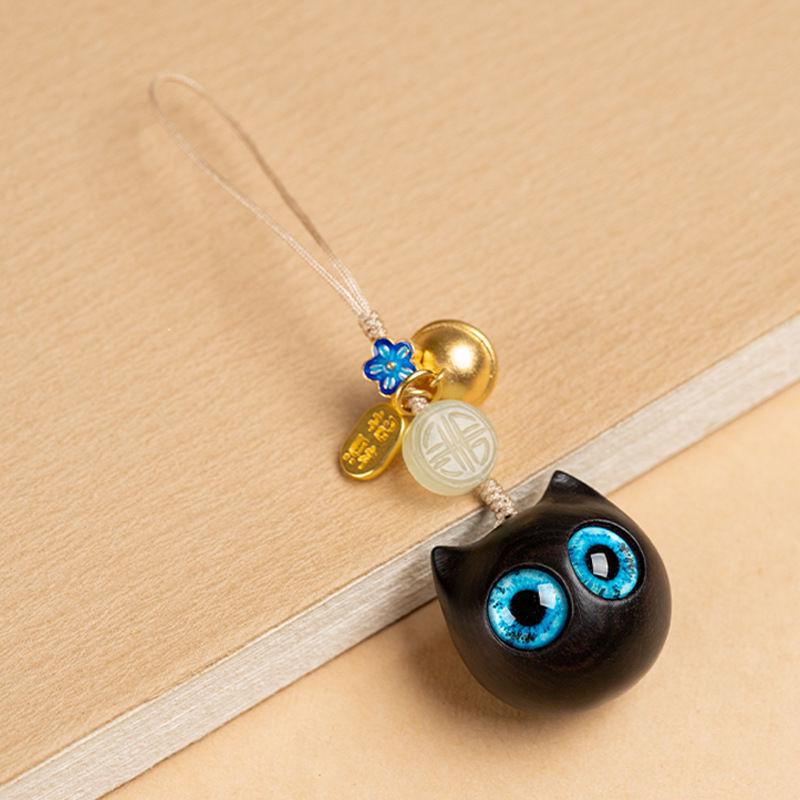 Ebony Cat Phone Charm & USB Drive Pendant Keychain with Rosewood Figurine