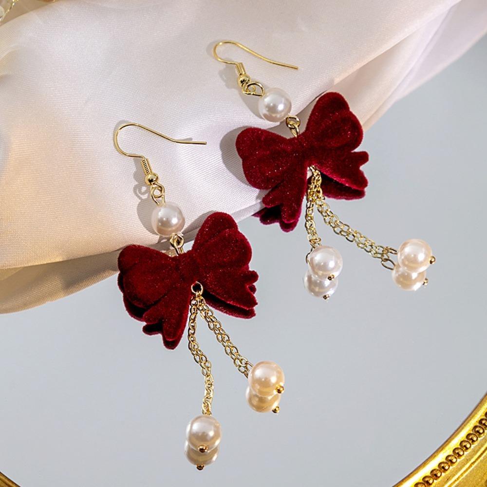 Red Long Tassel Chain Flocking Earrings NEW Bow Dangle Earrings  New Year Gift