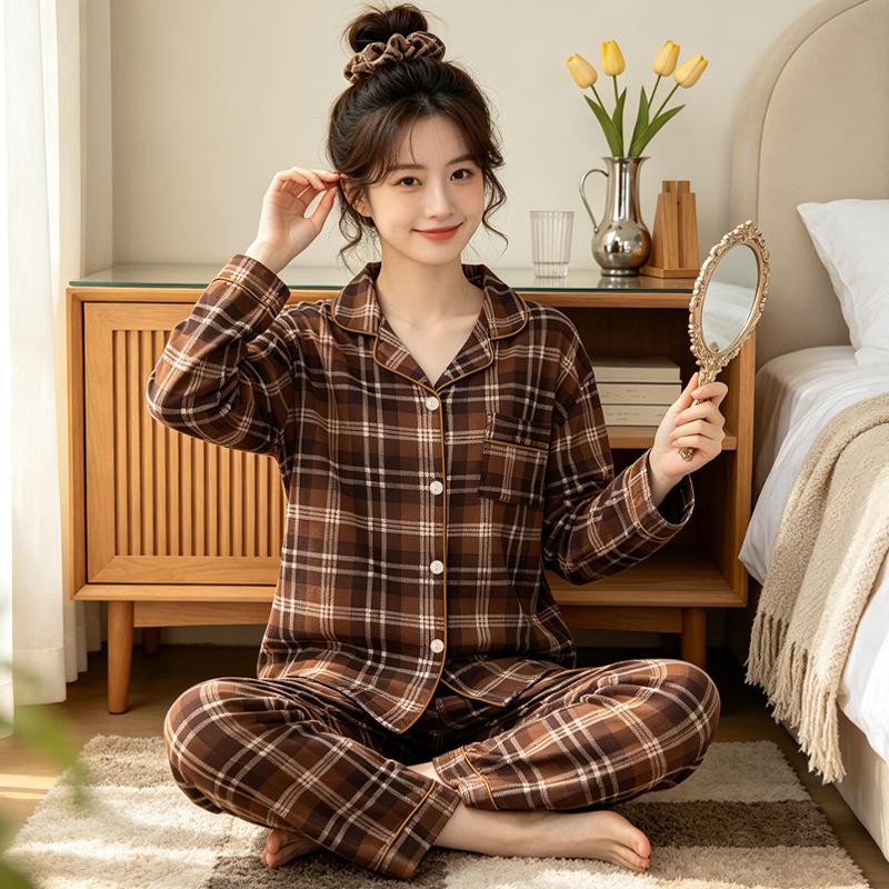 High-value imitation cotton long-sleeved pajamas women's spring and autumn new casual loose striped cardigan loungewear set