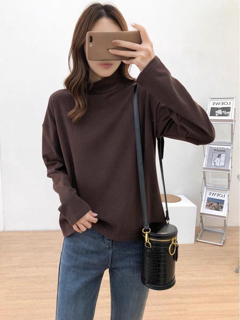 Women's Fashion Semi-High Neck Mid-Length Loose Long Sleeve Top - Autumn Base Layer T-Shirt