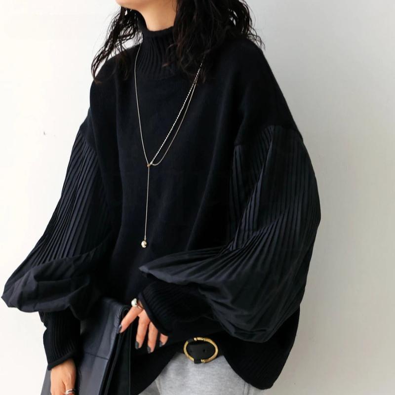 Korean Fashion Autumn Winter Women Stylish Sweater Turtleneck Black Khaki Patchwork Casual Loose Pullover Lantern Sleeve Ladies' Sweater