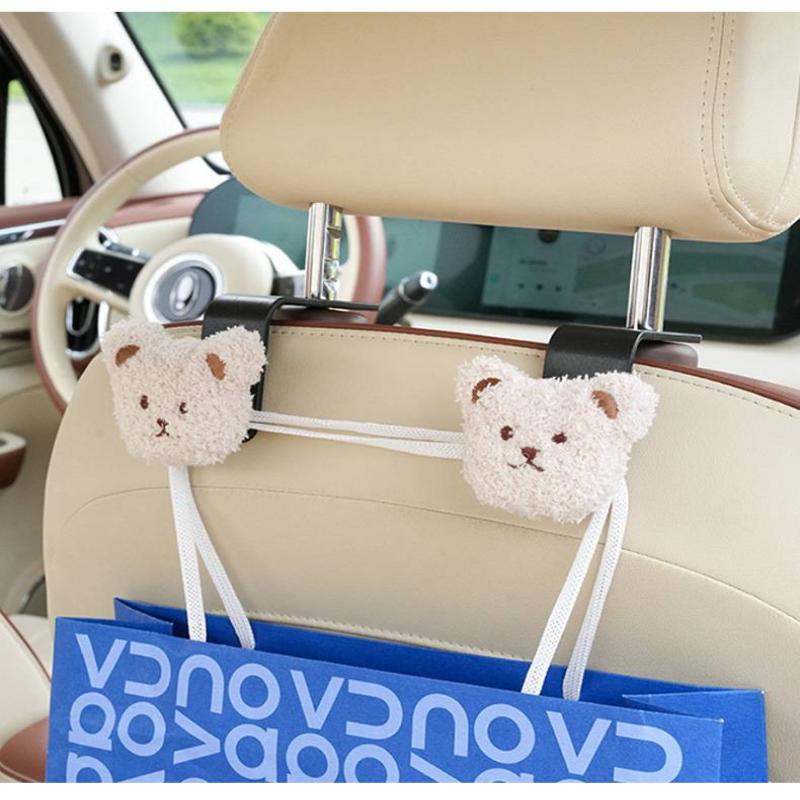 Car Seat Back Hook Hanger with Cute Bear Decor Organizer Holder for Groceries Bags Kids Essentials Travel and Commute