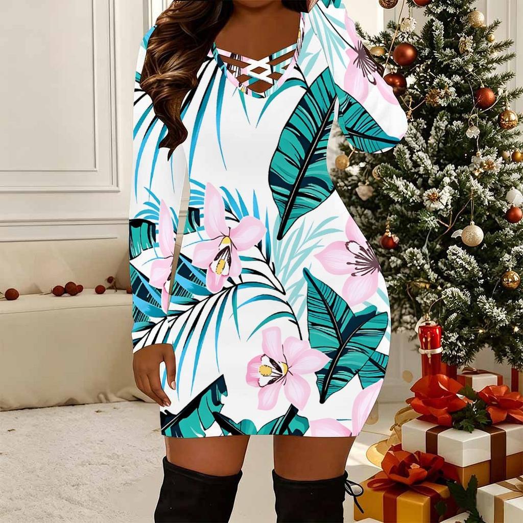 Women Plus Size Long Sleeve V Neck Crisscross Hollow Bodycon Mini Evening Club Outfit Dress
