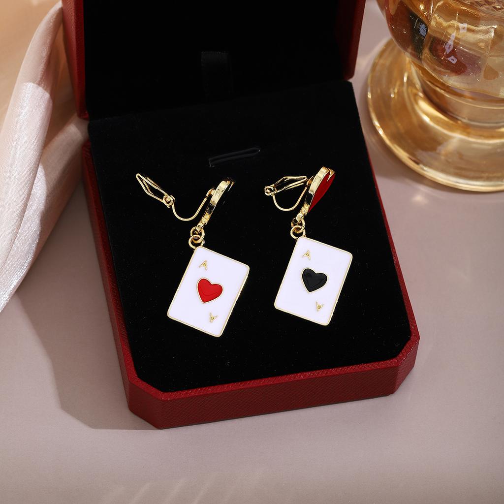 Oil Drop Heart Spade Playing Card Earrings, Light Luxury Design Sense Asymmetrical Personality Fashion Earrings