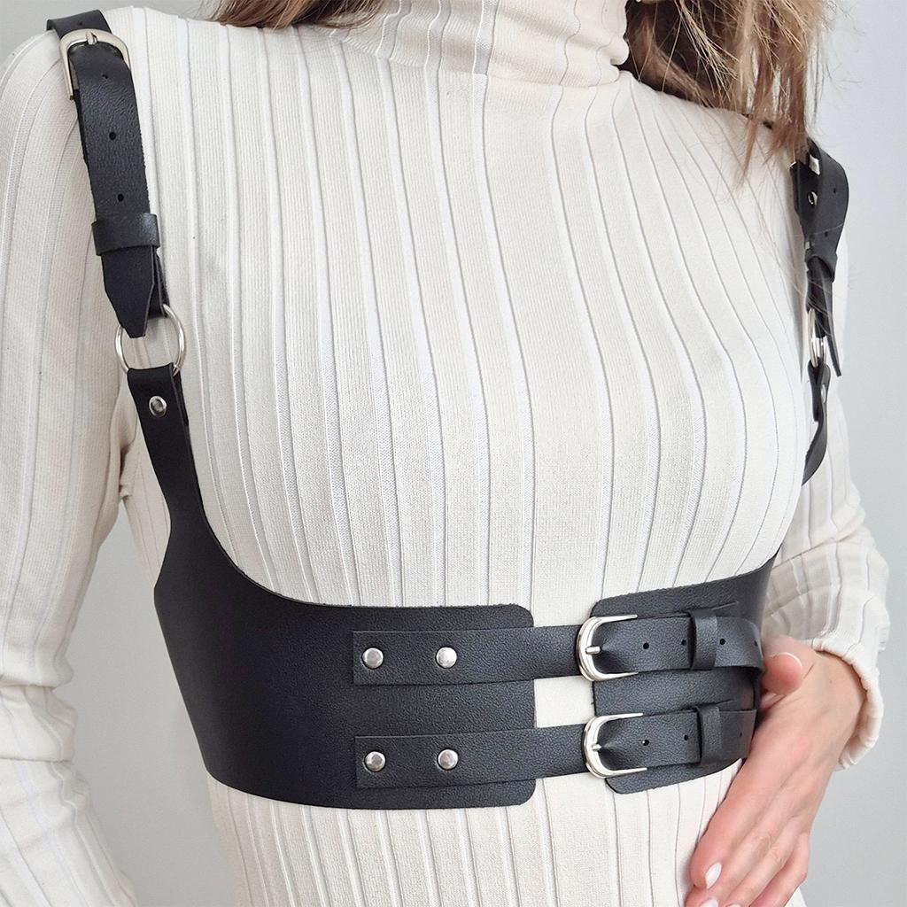 PU Leather Harness Belt for Women Gothic Chest Bra Harness PU Leather  Rave Costume Belt Wide Leather Waist Belt