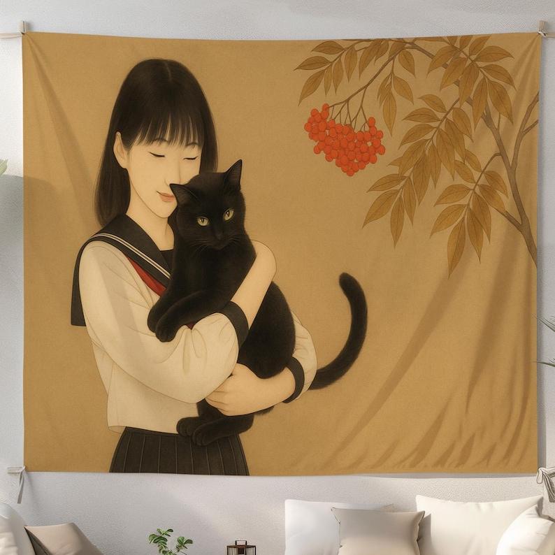 Girl and Black Cat tapestry 75x100 чёрный