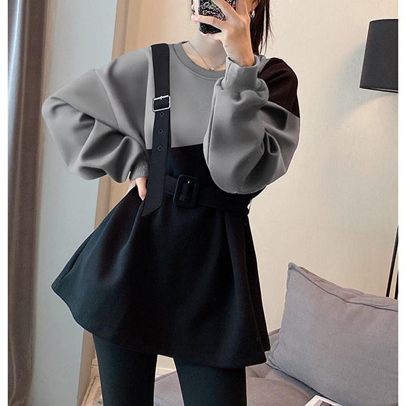 Spring Autumn New Round Neck Long Sleeve Contrast Color Patchwork Fashion Sweater Women Cotton Fake Two Pieces Casual Tops