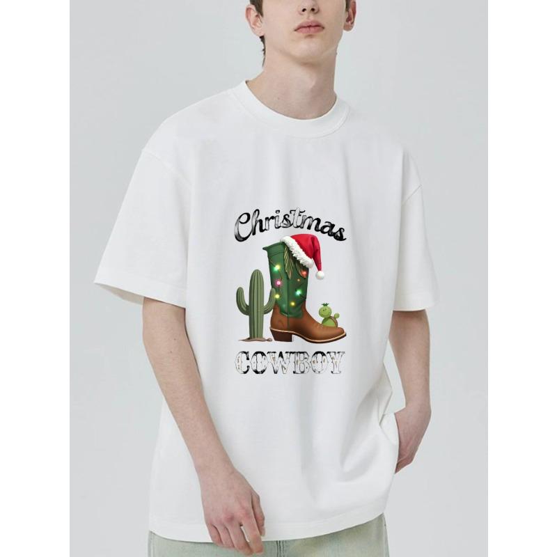 Christmas Cowboy T Shirt Black Cactus and Cowboy Boot with Santa Hat and Lights Print for Holiday Party Wear