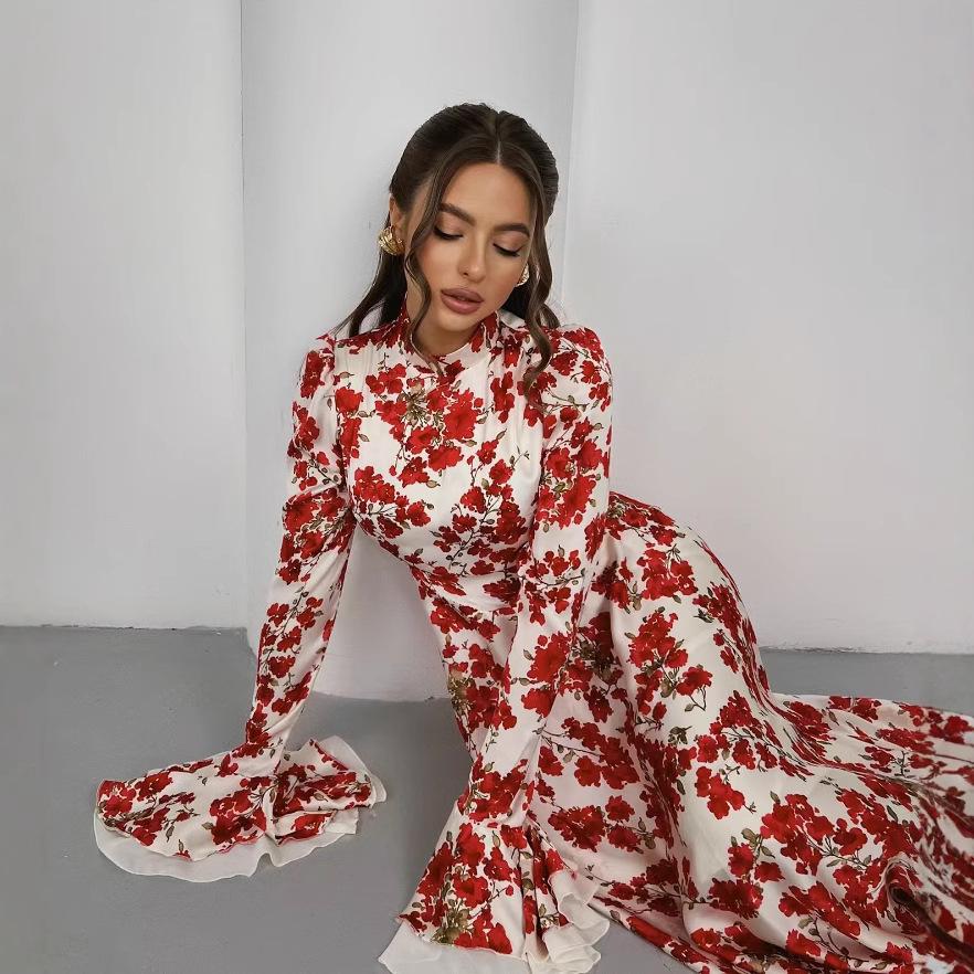 Spring Floral Print French Slimming Tie-Up Dress