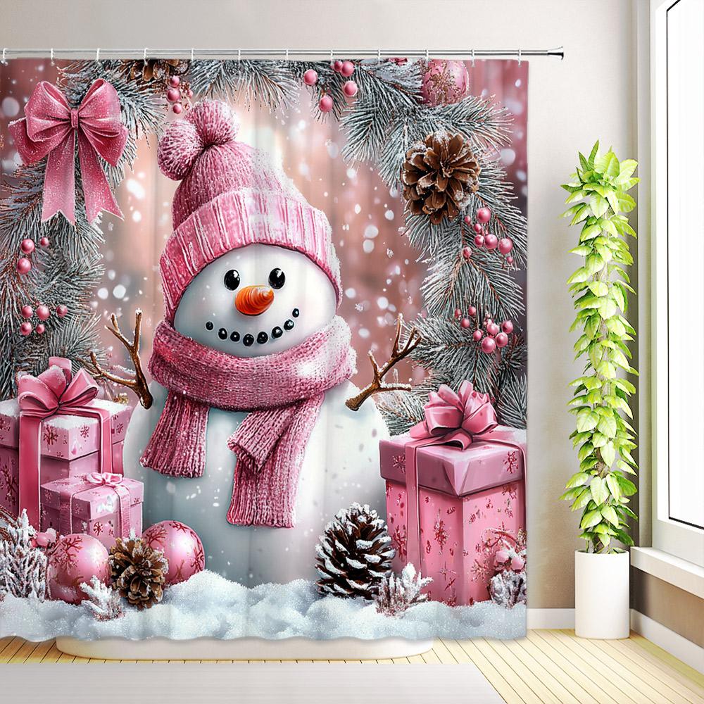 Cute Blue Snowman Christmas Shower Curtains Santa Claus Winter Snow Scenery Forest Cedar Reindeer Xmas Bathroom Decor With Hooks