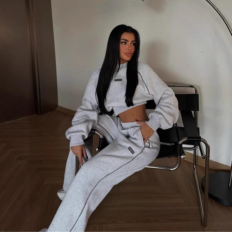 Suit Women's Clothing Fashionable Lines Letters Short Waist Hoodie Trousers Two-piece Set