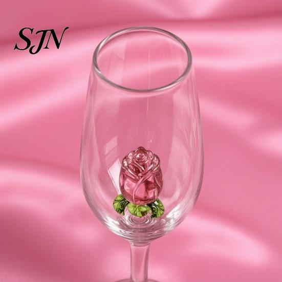 Bicchieri di Lusso per Feste Bicchiere da Vino Rosso con Rose e Foglie Verdi Decorato, Calice Trasparente Squisito Design Floreale, Bicchiere Decorativo,
