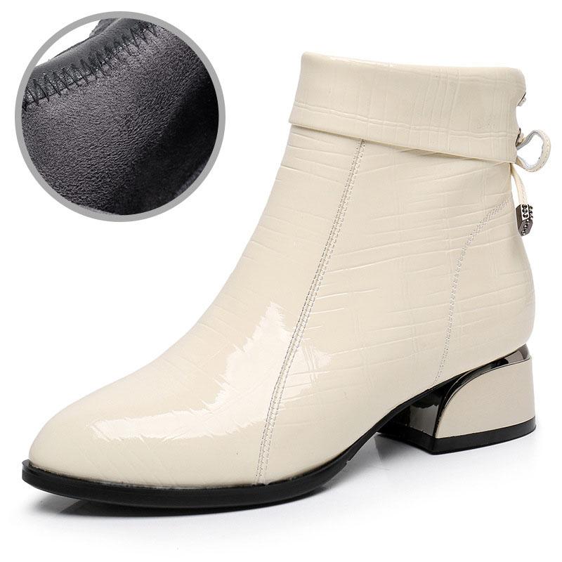 GKTINOO New Ankle Boots Women Pointed Toe Thick Heels Genuine Patent Leather Shoes Short Boots Soft Sole Footwear Plus Size 43