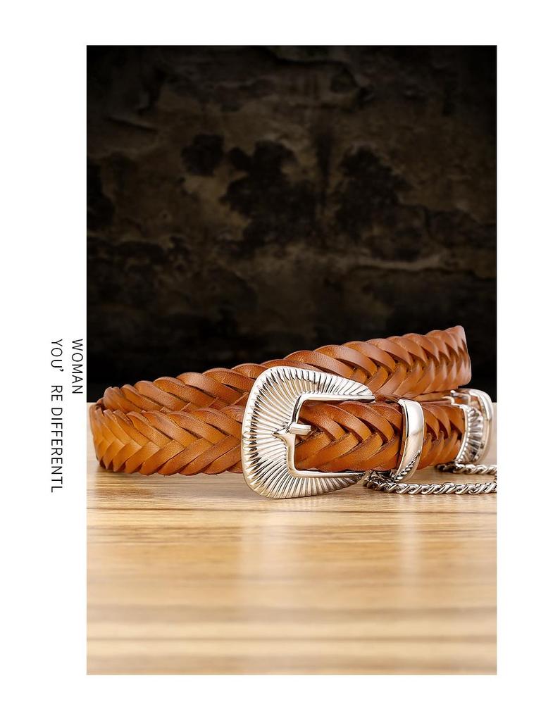 Women's Genuine Leather Woven Belt - Handmade, Punch-Free, Pin Buckle, Decorative Cowhide, In Stock