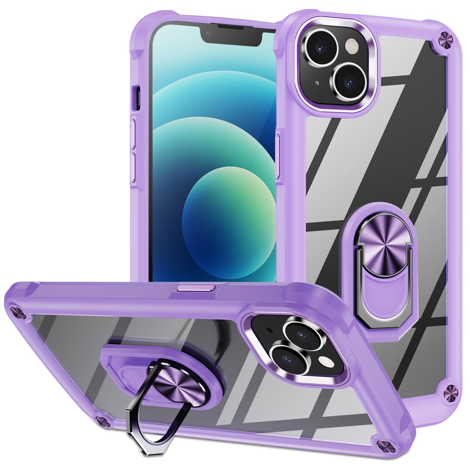 

For iPhone 15 Shockproof Case Ring Kickstand PC+TPU Phone Cover with Alloy Lens Frame Purple