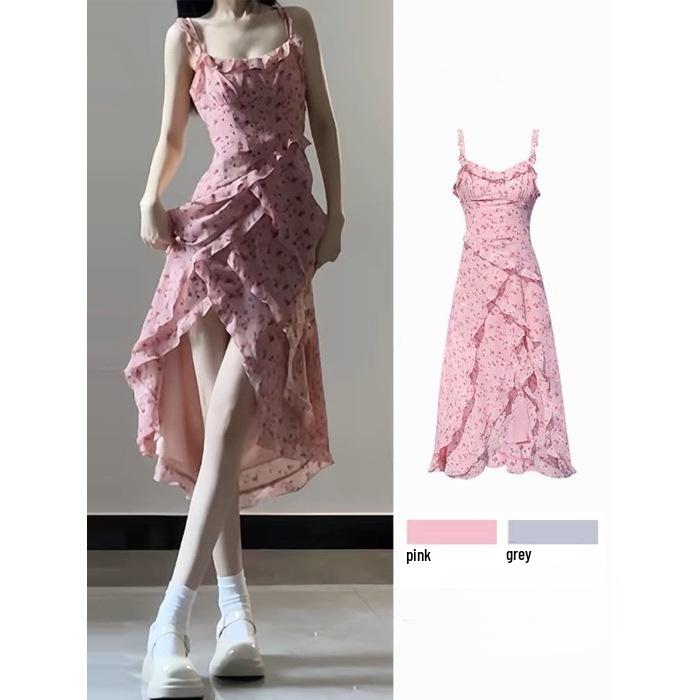 Summer 2024 Slim Waist French Floral Ruffle Dress
