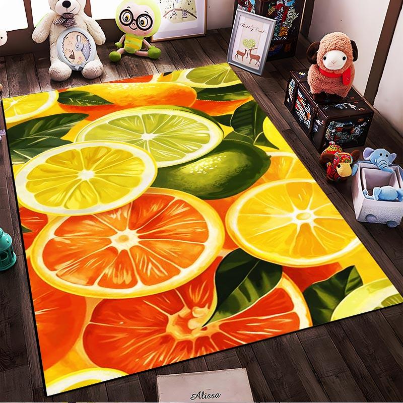 Colorful Citrus Fruit Pattern Carpet with Limes, Oranges, and Lemons. Suitable for Use As an Anti-slip for Living Room Bedroom Sofas