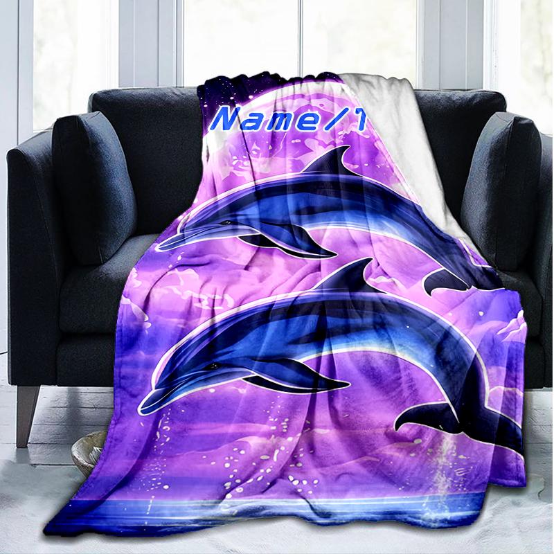 1PC Custom Name Dolphins Moonlight Outdooor Flannel Blankets Throw Blanket All-Season Throw Gift Bedspread for Couch, Bed, Camping Holiday Birthda
