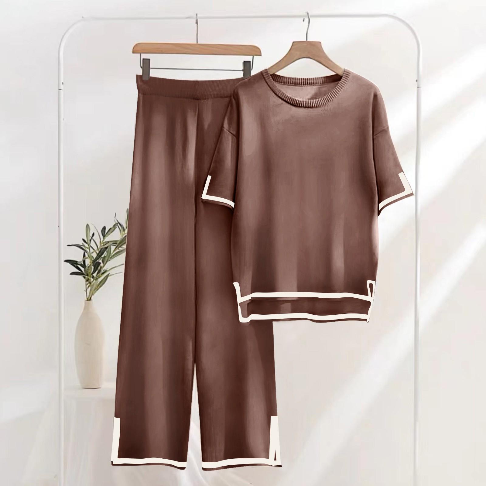 

Женский вязаный свитер из 2 предметов, пуловер с короткими рукавами, топы с эластичной резинкой на талии, широкие брюки, женский комплект L коричневый