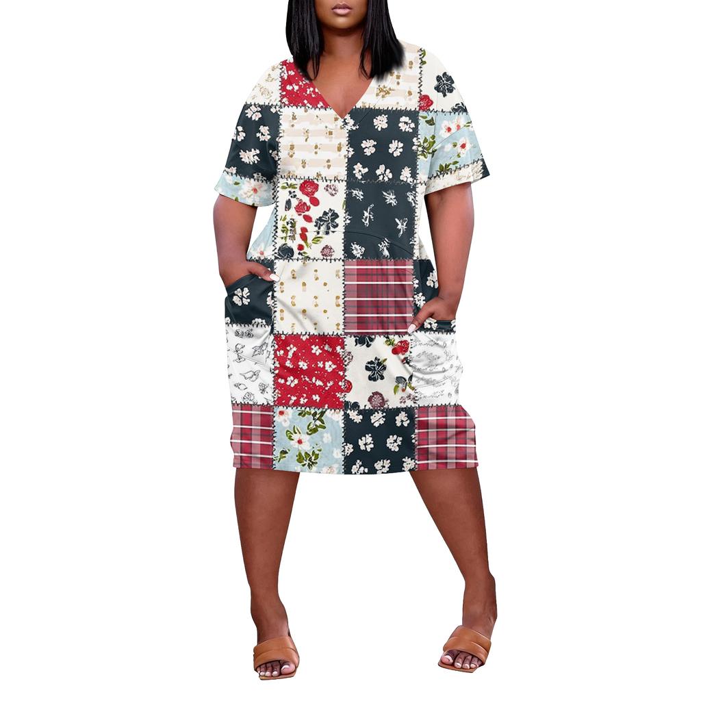 Summer Plus Size V Neck Short Sleeve Knee Pocket Print Casual Dress For Women
