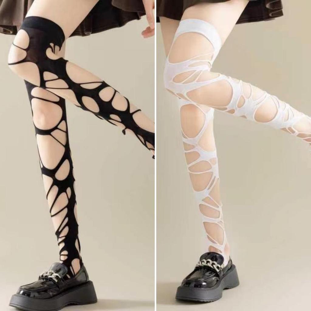 Black Punk Goth Personality Hole Fishnet Socks Y2K Millennial Babes Jk Black Stockings Women Bottom Knee Socks