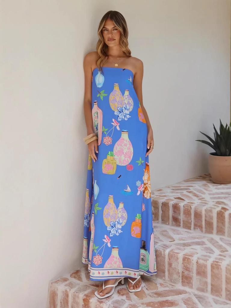 2025 European Linen Strapless Casual Holiday Dress