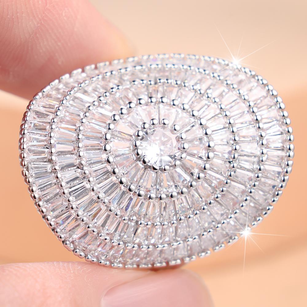 Luxurious Silver/Gold Color Huge Baguette Zircon Sunburst Cocktail Ring for Women Party