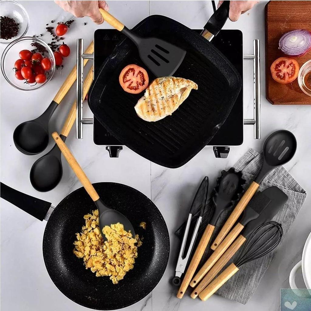 Cooking Utensils Kitchen Utensil Set, 12 PCS Wooden Handle Nontoxic BPA Free Silicone Spoon Spatula Turner Tongs Kitchen Gadgets Utensil Set